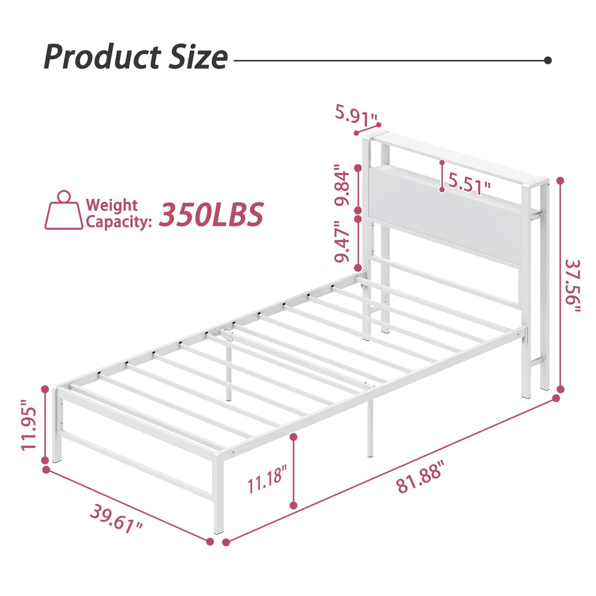 Weehom Twin Bed Frames for Kids, Twin Size Bed with 2 Tiers Wood Shelves Headboard No Box Spring Needed Easy Assembly Heavy Duty Metal Plaform, White Weehom