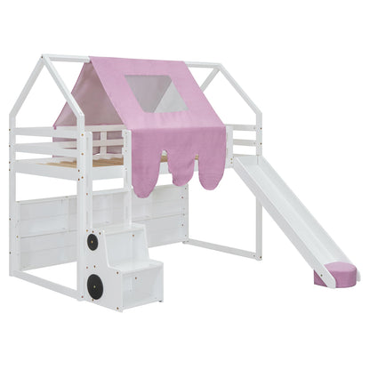 SOFTSEA Twin House Loft Bed with Stairs and Slide, Wooden House Loft Bed with Storage Shelves, Stairway Playhouse Bed with Roof Tent and Ladder for Kids Boys Girls, No Box Spring Needed, Pink White