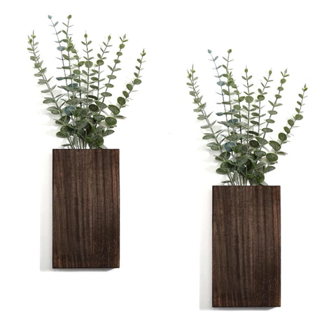 Direkame Wood Wall Decor 2 Pack Planter Vase with Artificial Eucalyptus, Living Room Wall Hanging Decor for Indoor Outdoor Fake Plants, Farmhouse Kitchen Bathroom Office Boho Floral Wall Decoration Direkame