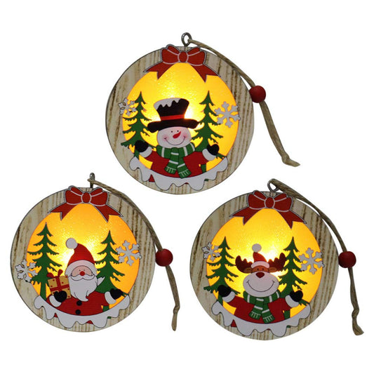 Amosfun 3pcs LED Light Up Christmas Wooden Ornaments Wood Round Shapes with Reindeer Snowman Santa Claus Pattern Hanging Christmas Tree Decoration Christmas Night Lights