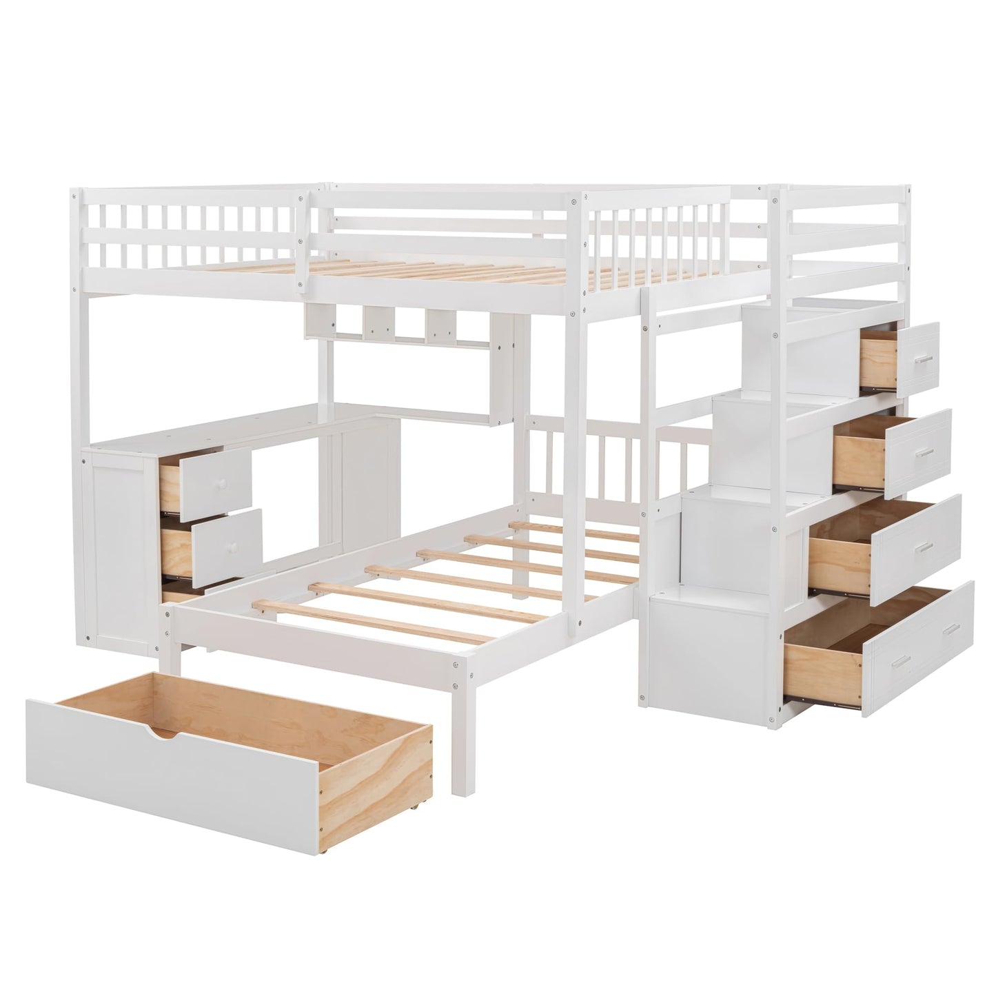 RuiSiSi Full Over Twin Bunk Beds with Stairs & Desk, Solid Wood Loft Bunk Bed with Storage Stairs Shelves and Drawers, Stairway Bunk Bed with Desk and Bookcase for Kids Teens Adults, White