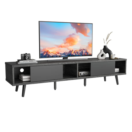 Bestier 70 inch Mid Century Modern Entertainment Center for 75 inch Display, Low Profile with Storage, for Living Room, Cord Management, Black Ash Bestier