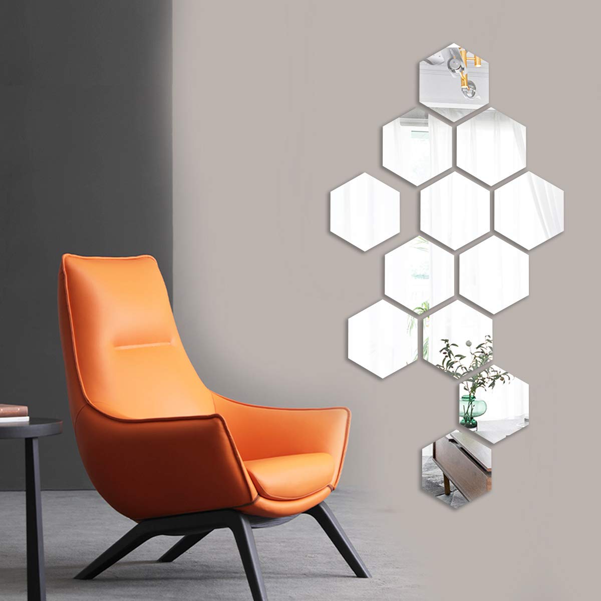 Mirror Wall Stickers, 12PCS Hexagon Mirror Art DIY Home Decorative Hexagonal Acrylic Wall Sheet Plastic Tiles Home Living Room Bedroom Sofa TV Background Wall Decal Decoration (Silver) MCLEULLA