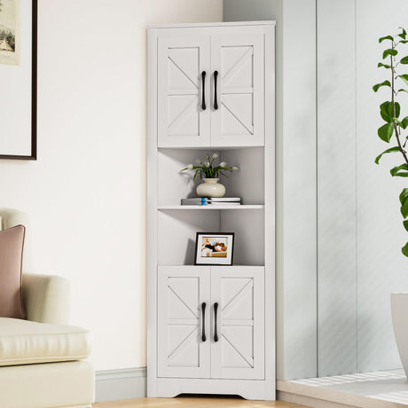 NOVAMAISON 67" Tall Farmhouse Corner Cabinet with Barn Door Design in White - Stylish Storage Solution for Any Room NOVAMAISON
