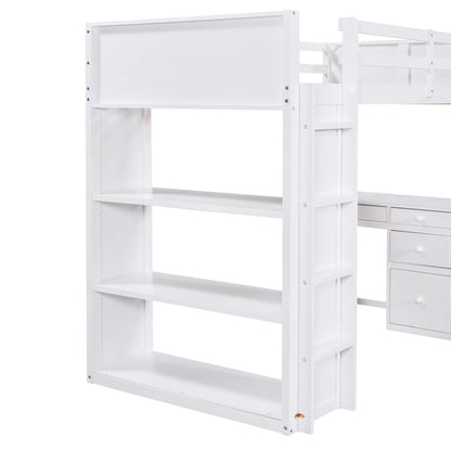 P PURLOVE Twin Loft Bed with Desk, Shelves, and Storage Drawers in White - WoodArtSupply