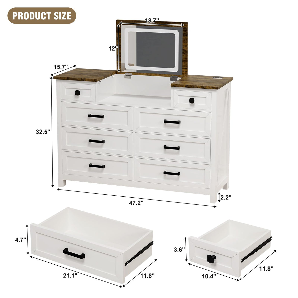 MIIFUNY Dresser with Mirror for Bedroom, 8 Drawer Dresser with Charging Station, Farmhouse Chest of Drawers for Bedroom, Hallway, Kids Room MIIFUNY