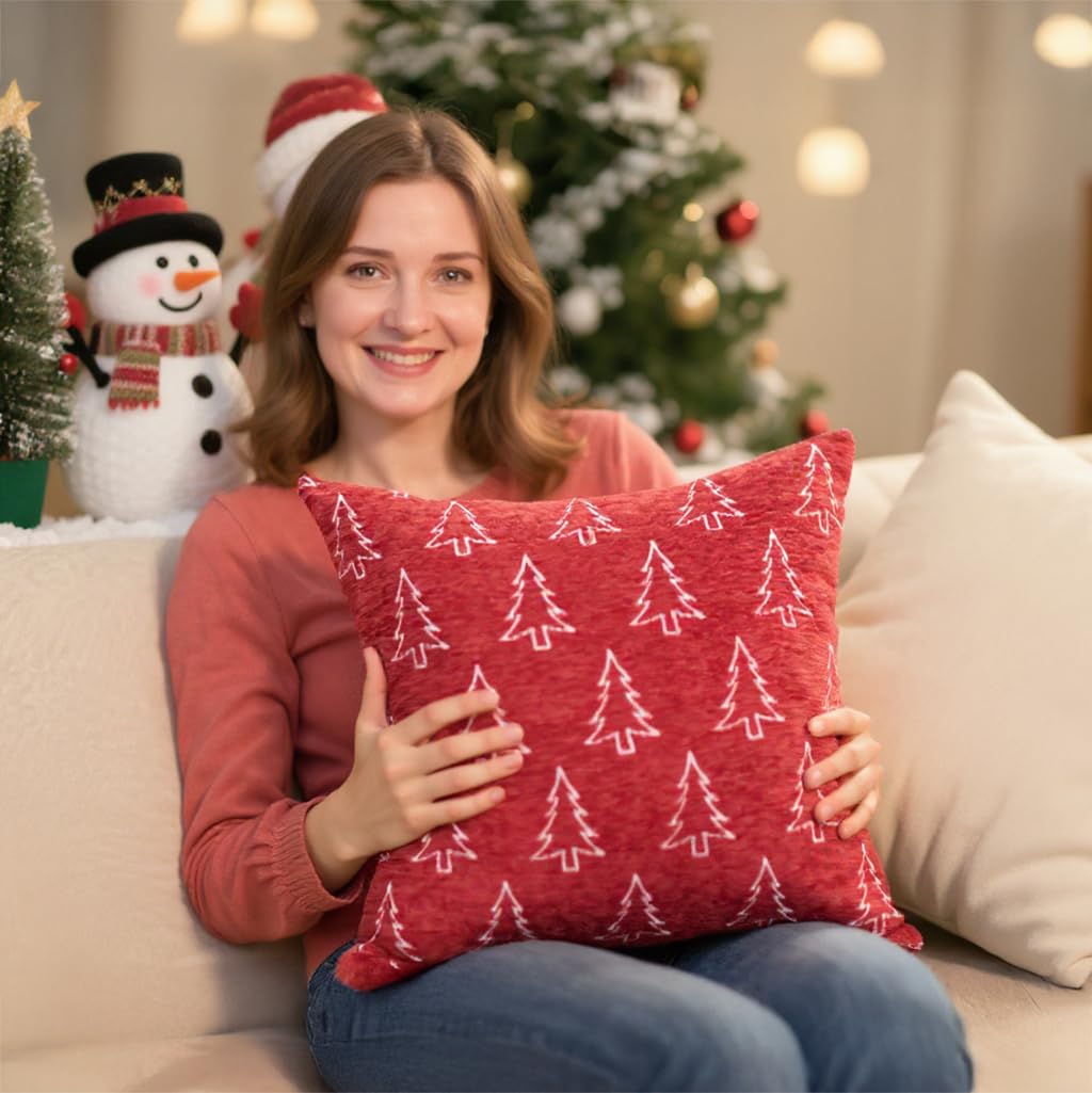2 Pack Christmas Pillow Covers 18x18, Chenille Double-Sided Snowflake & Christmas Tree Decorative Throw Pillow Cases, Soft Farmhouse Holiday Cushion Covers for Sofa Couch Bed(Red,18x18) Auomily