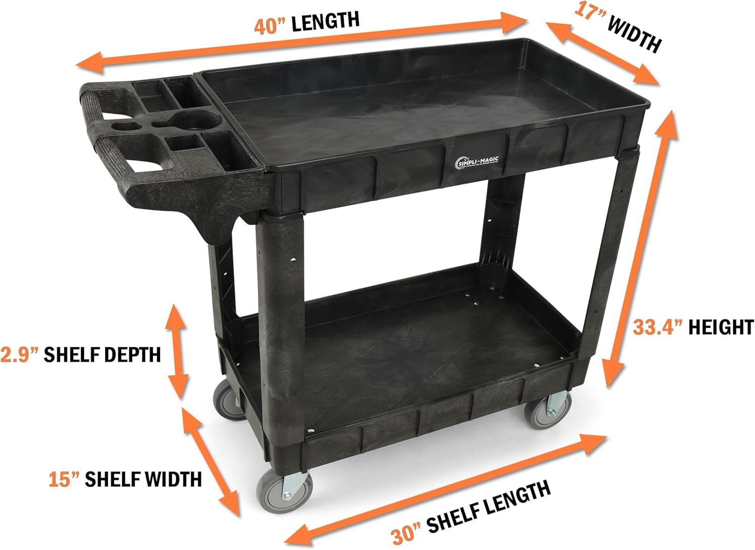 Simpli-Magic Rolling Utility Cart on Wheels, Heavy Duty with Ergonomic Handle, Deep Shelfs for Garage, Warehouse, Workshop, 600-Pound Capacity 40x33x17-Inch - WoodArtSupply