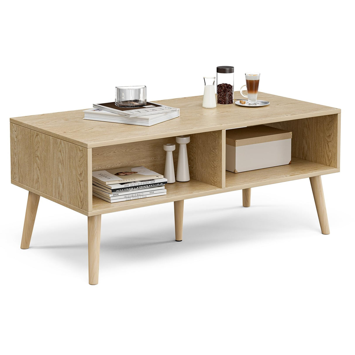 ZttRiee Wood Coffee Table with Storage, Boho Dining Table with Rattan Drawer and Solid Wood Legs, Small Coffee Tables for Living Room, Oak ZttRiee