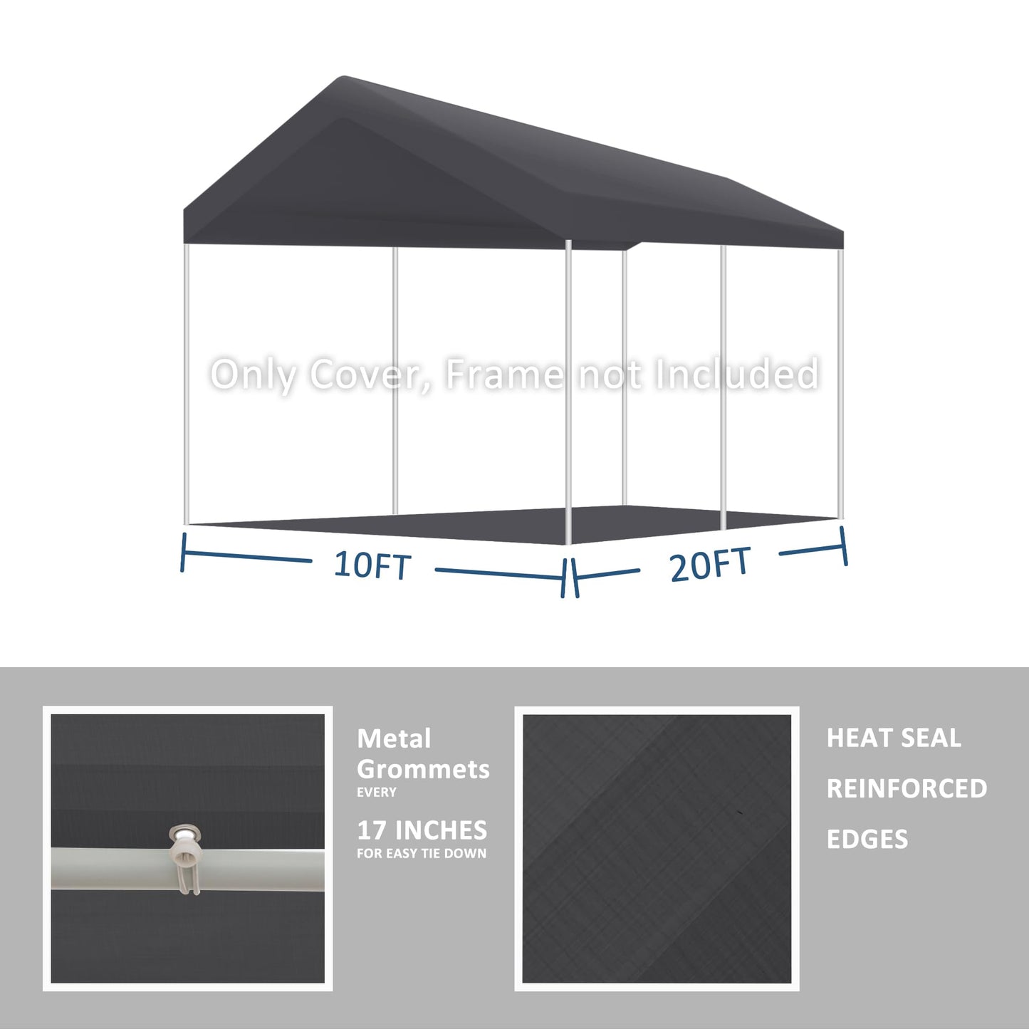 TGEHAP Carport Replacement Canopy Cover for Tent Car Garage Shelter Top Tarp Cover with Ball Bungees (Only Only Top Cover, Frame is not Included) (10' x 20', Gray)