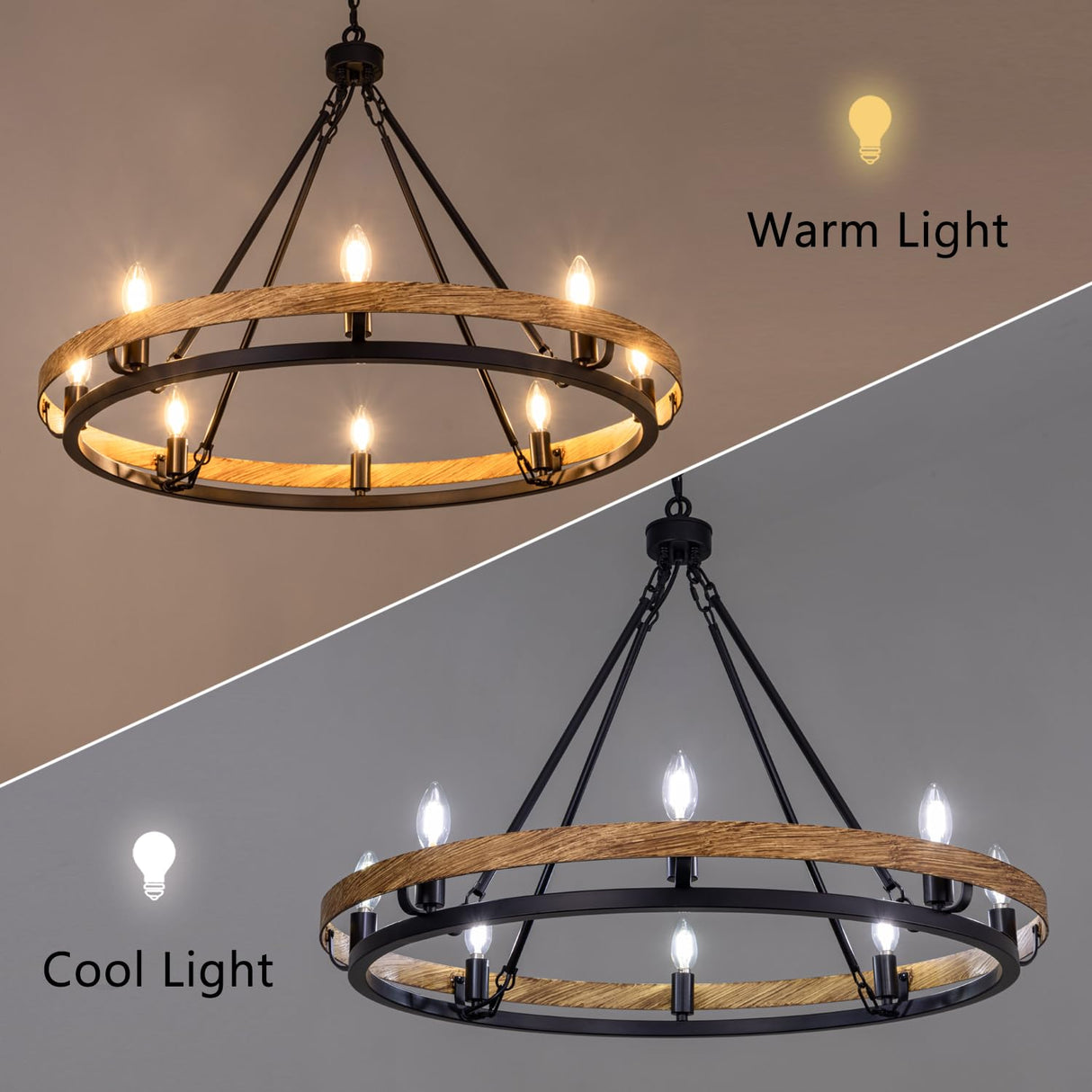 Wellmet Rustic Chandelier, Wood Painted Chandelier, 8-Light Farmhouse Wagon Wheel Chandelier for Living Room, Dining Room, Bedroom, Corridor, Hallway, Entryway Wellmet