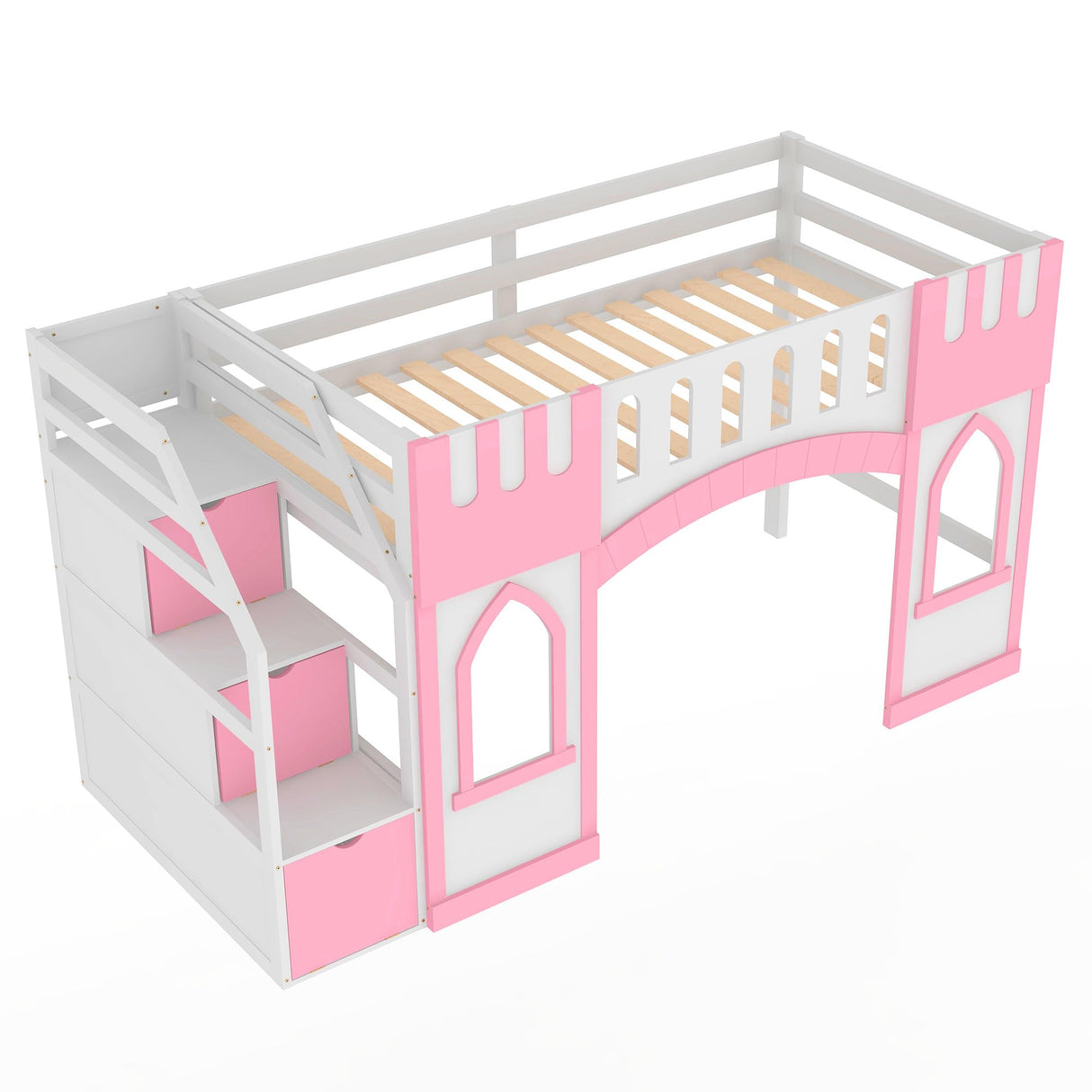 Merax Toddler Loft Bed, Twin Size Loft Bed with Storage Staircase and Window,Low Loft Bed Frame with Full Guardrail, Pink Merax