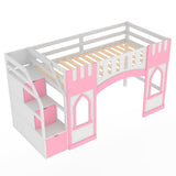 Merax Toddler Loft Bed, Twin Size Loft Bed with Storage Staircase and Window,Low Loft Bed Frame with Full Guardrail, Pink Merax