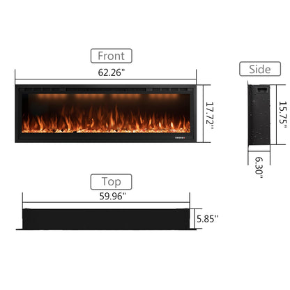 Rodalflame 60" WiFi-Enabled Electric Fireplace Insert, APP Smart Control, Wall Mounted&Recessed Linear Fireplace Heater with Thermostat, Flame&Top Lights, Log&Crystal, Timer