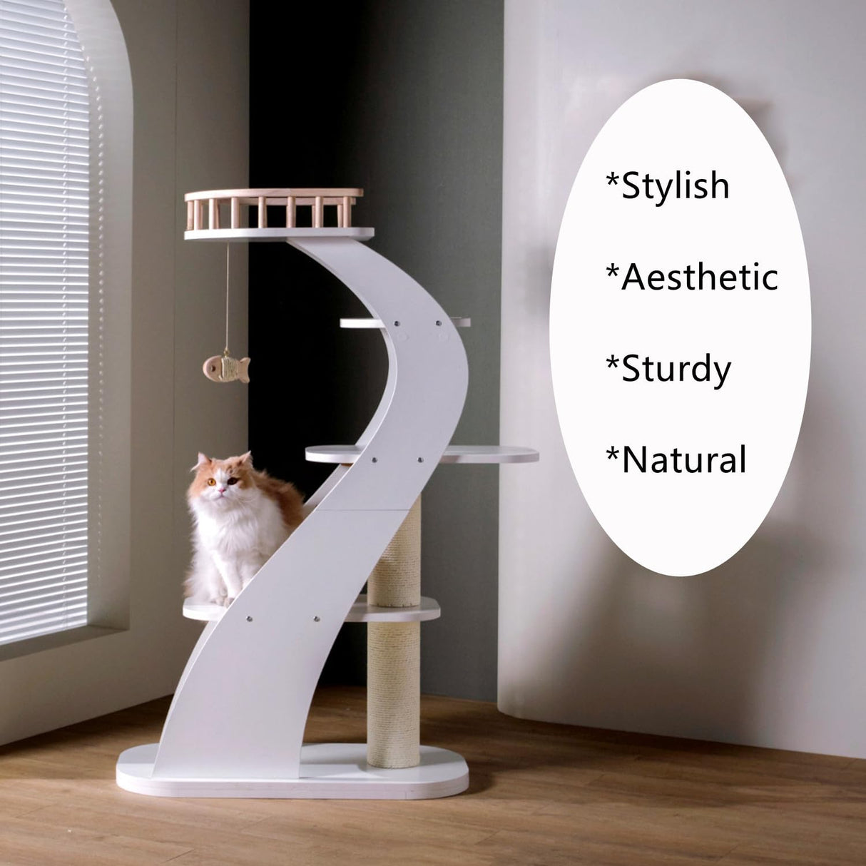 SHENGOCASE Modern Stylish 52.4 inches Tall Wooden Cat Tree Tower, Aesthetic Cat Condo Ladder with 5-Level Big Perch Platform Bed for Window Large Scratching Post SHENGOCASE