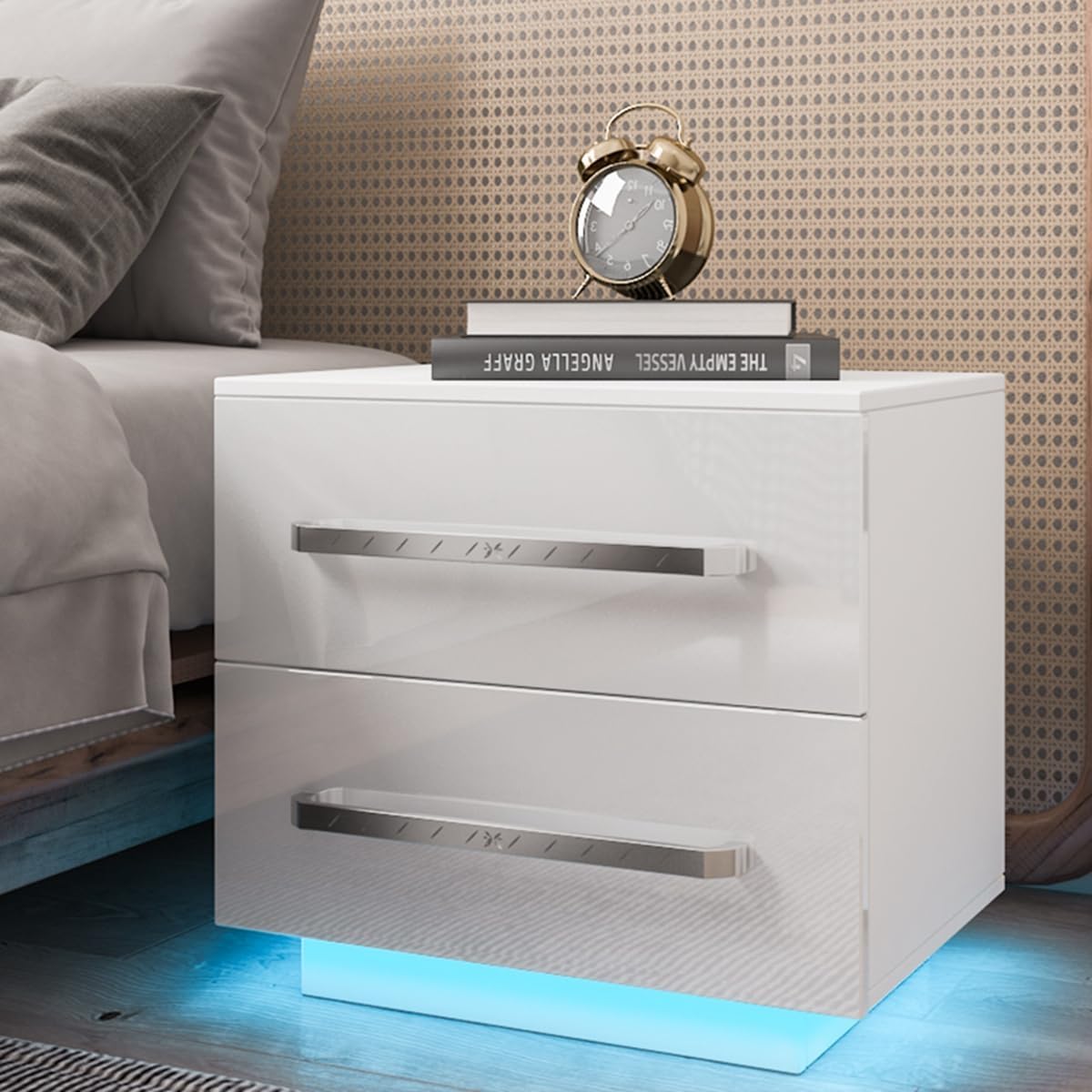 HOMMPA Small LED Nightstand Set of 2 White Nightstand with LED Light Modern Matte LED Bedside Table Night Stand with High Gloss Drawers for Bedroom Nightstand Furniture Set 19.7" Tall - WoodArtSupply