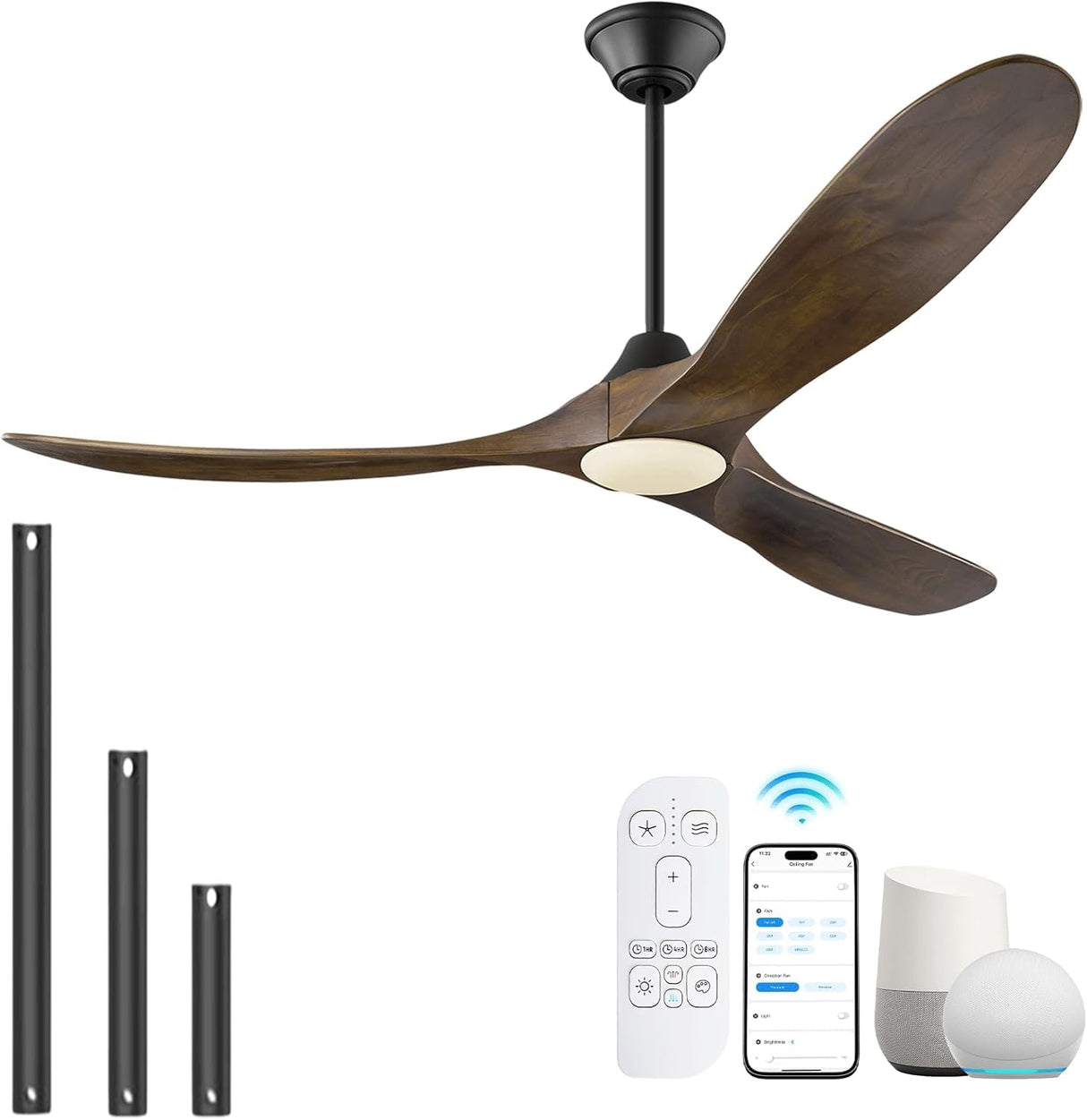 52 Inch Smart Ceiling Fan with Lights, Outdoor Ceiling Fans for Patios Damp Rated, 3 Blades Propeller Walnut Wood Farmhouse Ceiling Fan, Large Airflow DC Ceiling Fan with Remote/APP/Alexa Control XCWIIE