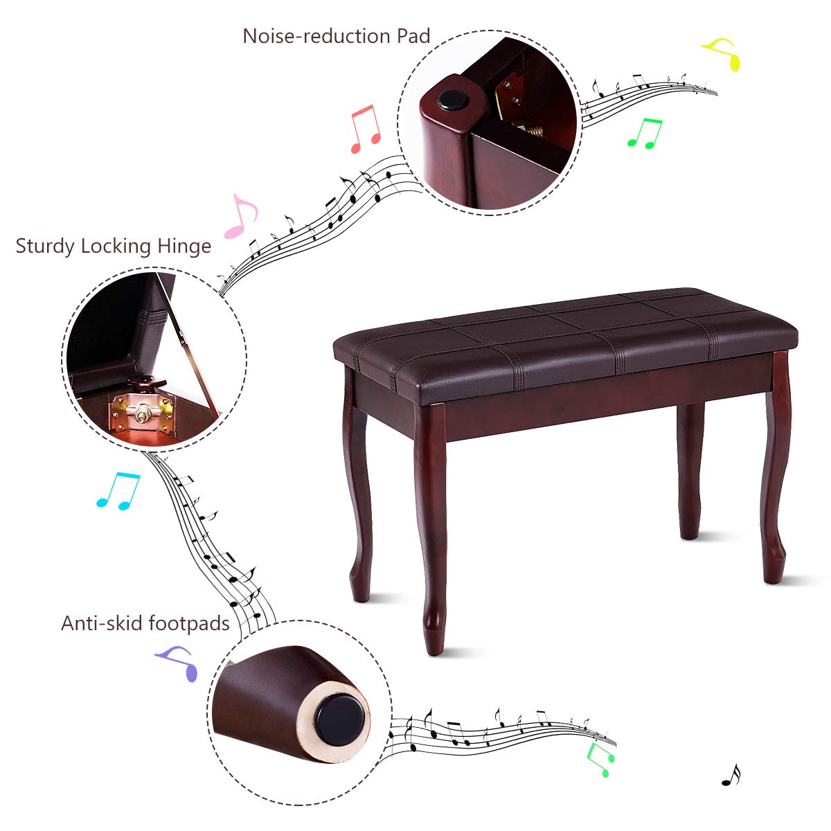 GOFLAME Piano Bench Stool with Padded Cushion and Music Storage, Heavy Duty Piano Duet Seat with PU Leather Padded Seat and Solid Wooden Legs, GOFLAME