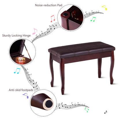 GOFLAME Piano Bench Stool with Padded Cushion and Music Storage, Heavy Duty Piano Duet Seat with PU Leather Padded Seat and Solid Wooden Legs,