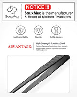 2 Pcs 12-inch Cooking Tweezers Tongs Precision Serrated Tips, Stainless Steel Professional Chef Tweezer Kitchen Tools for BBQ, Plating and Serving (Black) SouxMux