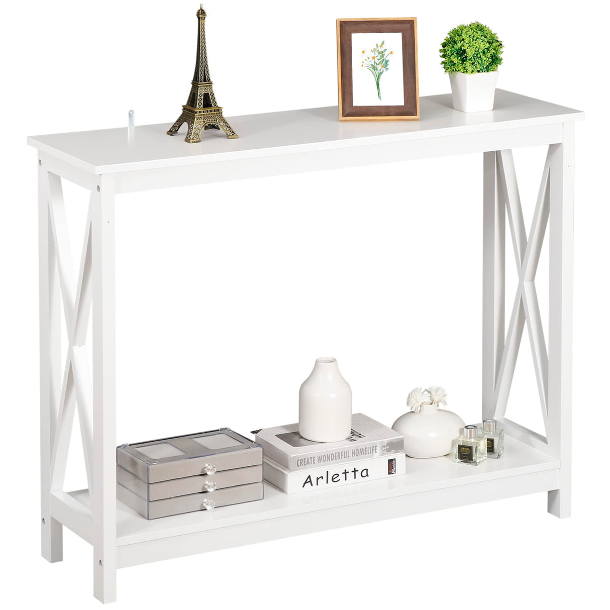 SUPER DEAL 2-Tier Narrow Console Sofa Side Table for Entryway/Hallway/Living Room, 39.3in L x 11.8in W x 31.6in H, White SUPER DEAL