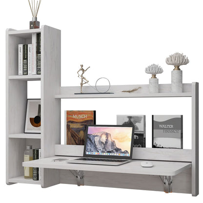 Pmnianhua 41'' Wall Mounted Floating Desk with Storage Shelves - Space Saving Workstation in Greyish White - WoodArtSupply