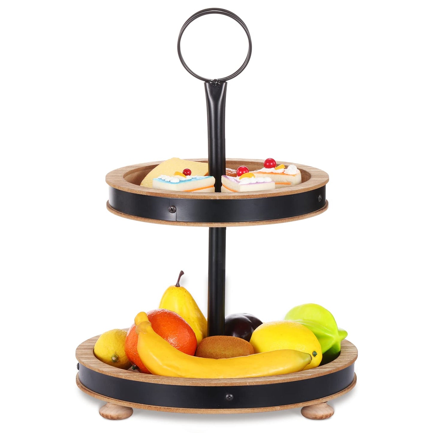 Urban Deco Wood Tiered Tray, 2-Tiered Tray Decorative Dessert Stand, Farmhouse 2 Tier Serving Tray with Metal Handle, Fruits Display Tray for Kitchen Counter, Living Room Table - WoodArtSupply