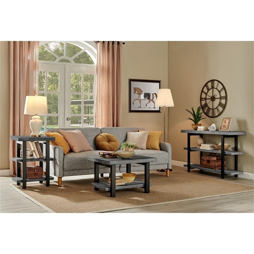 Pomona 27 in. Metal and Solid Wood Square Coffee Table, Slate Gray: Solid Wood & Metal Industrial Square Coffee Table w/ Slate Gray Finish - Solid Pine Wood Tabletop & Shelf Alaterre Furniture