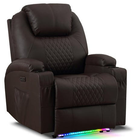 AHMED Power Recliner Chair with Vibration Massage & Heat for Adults, Faux Leather Home Theater Seating with Cup Holders/LED Lights/USB Ports/Side Pockets for Living Room, Brown AHMED