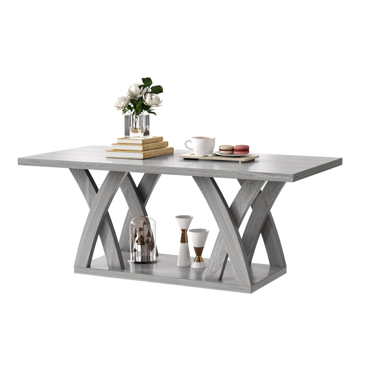 FROMJBEST Farmhouse Coffee Table with Shelf, Wood Coffee Table for Living Room, Open Display Area,47” Grey FROMJBEST