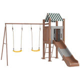 Qaba Kids Swing Set for Backyard, Playground Set with 6 FT Slide, 2 Adjustable Swings, Fort with Canopy, Ladder, Outdoor Playset with Ground Stakes for Ages 3-8, Brown Qaba
