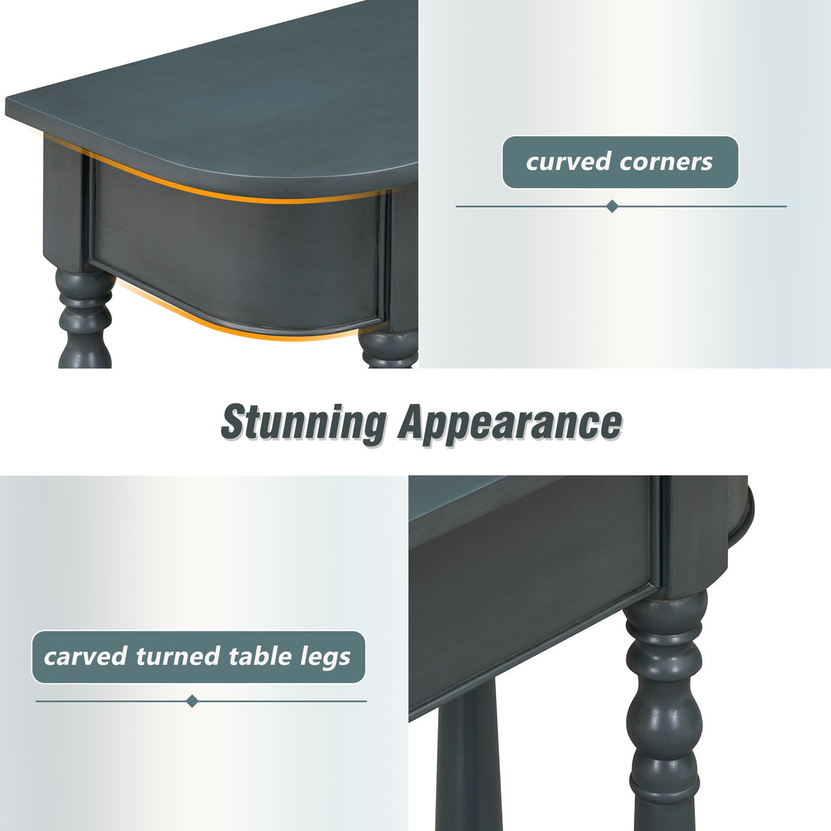 HZXINKEDZSW Retro Corner Curved Console Table Sofa Table with Top Drawer and Open Shelf, Wood Entryway Table with Spindle Shape Legs for Narrow Hallway Living Room Foyer Entranc (Navy) HZXINKEDZSW