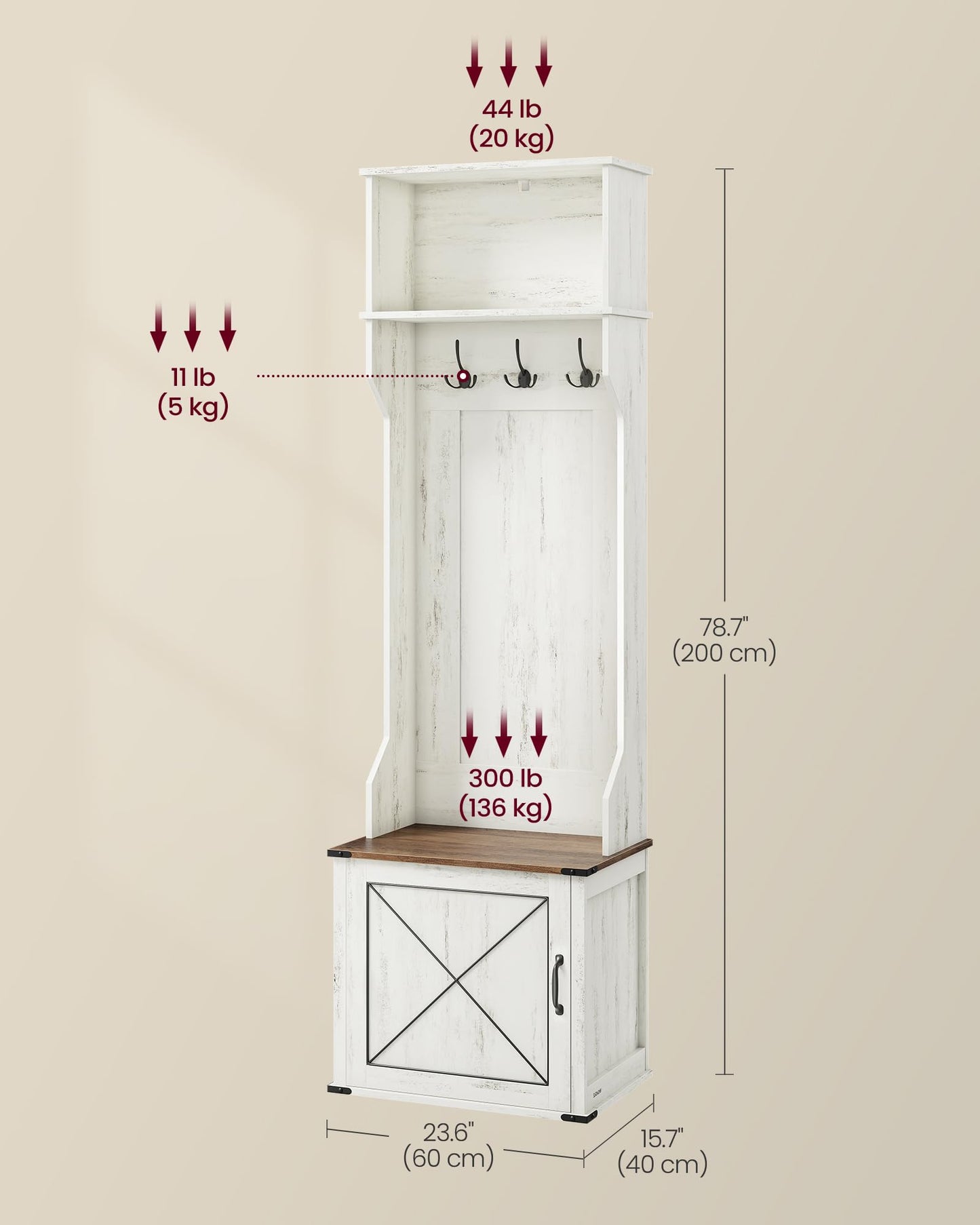 VASAGLE Hall Tree with Bench and Shoe Storage, Coat Rack with Shoe Bench, Entryway Furniture, 3 Tri-Hooks, Door with Handle, Farmfouse Style, Space Saving, Rustic White and Honey Brown UHSR441W01