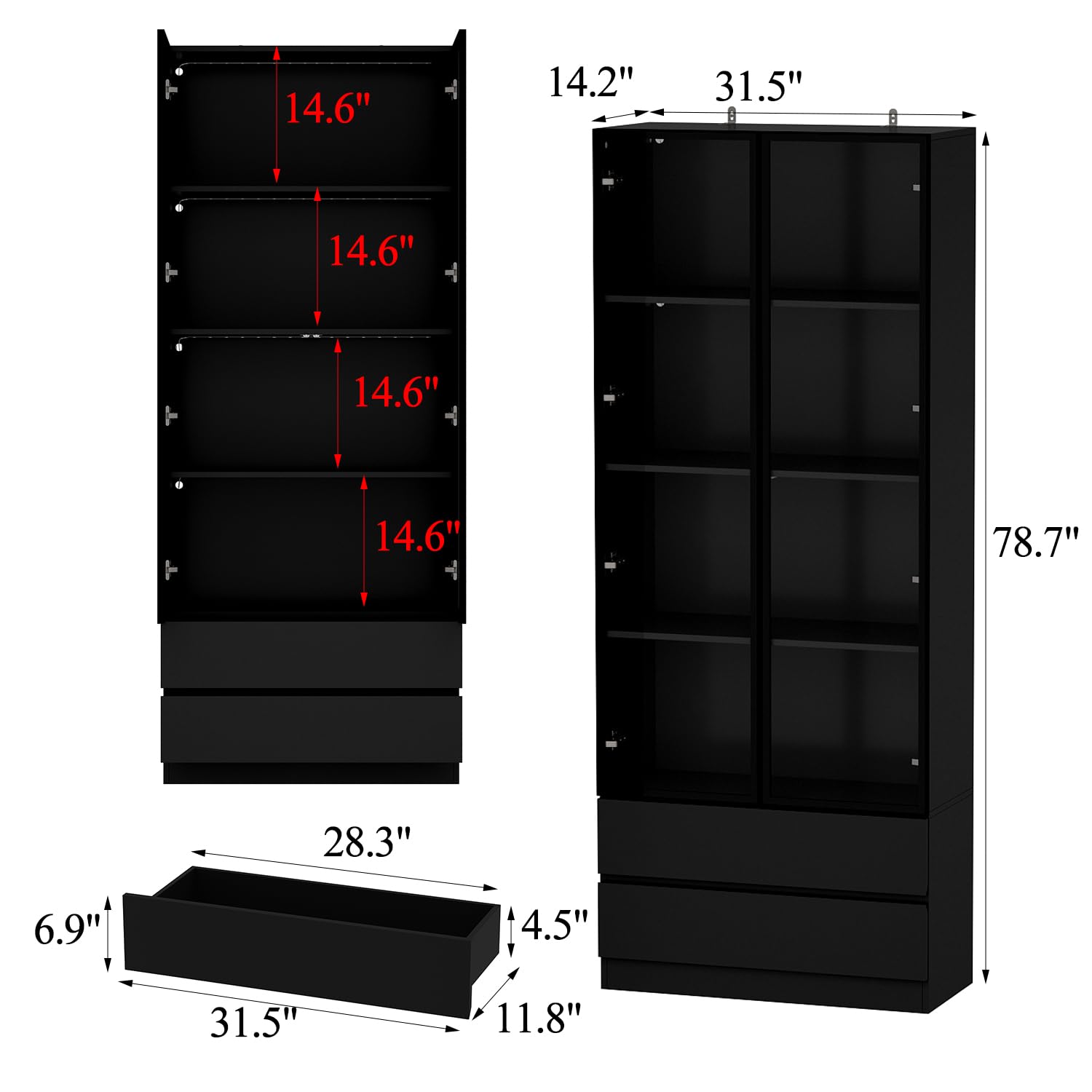 FUNISIR Curio Display Cabinet with Light, Storage Shelves with Pop-up Glass Doors, 2 Drawers & 3 Color Light, Collectibles Cabinet Display Shelf, Bookshelf Showcase for Living Room, Black w/D - WoodArtSupply