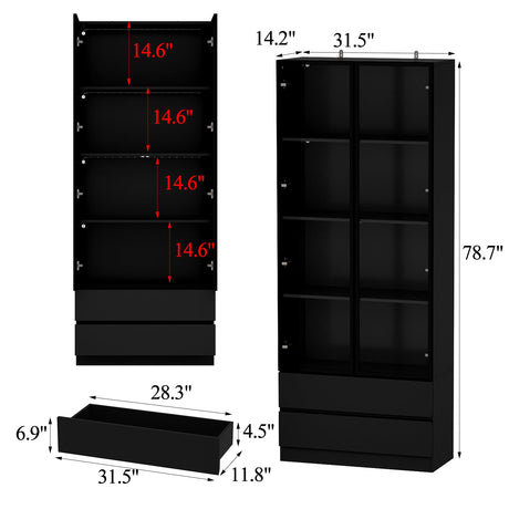 FUNISIR Curio Display Cabinet with Light, Storage Shelves with Pop-up Glass Doors, 2 Drawers & 3 Color Light, Collectibles Cabinet Display Shelf, Bookshelf Showcase for Living Room, Black w/Drawer FUNISIR