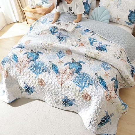 weigelia Coastal Quilts Bedding Set Twin Size - Summer Sea Turtles Nautical Bedding Quilt with Pillow Cases, Beach Reversible Quilt Set Bedspreads Coverlet Soft Lightweight Comforter weigelia