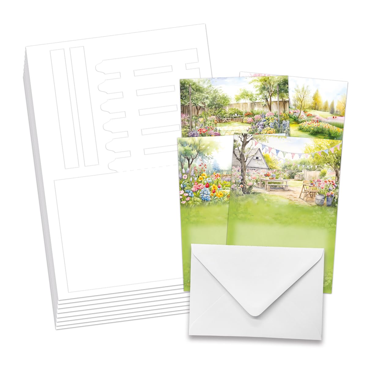 Katy Sue Spring Garden Picket Fence Card Making Kit. Contains 8 Shaped Cards, 3 Sheets of Die Cut Decoupage, Adhesive Foam Pads, Background Scenes, Instructions & 8 Envelopes for Card Making Supplies Katy Sue