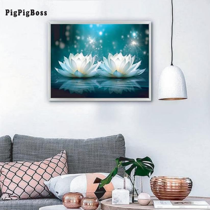 pigpigboss Water Drop Lotus Flower Diamond Painting Art Kit, 5D Full Round Drill Crystal Lotus Flower Diamond Art Set for Adult Beginner Home Office Holiday Wall Decor (16 x 12 inches) pigpigboss