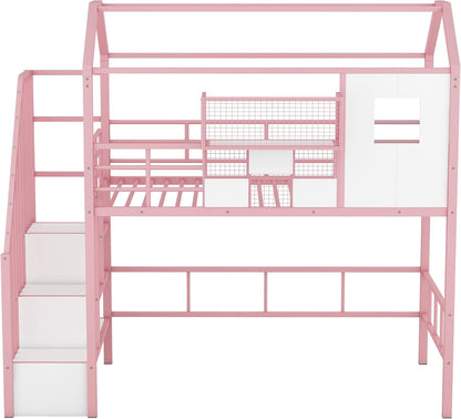 Virubi Twin Kids Loft Bed with Stairs, Low Loft Bed with Roof, Safety Rail and Storage Box, Metal Loft Bed with Storage House Loft Bed for Kids Girls (Pink)