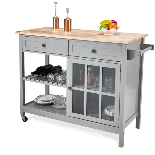 AVAWING Rolling Kitchen Island Cart with Storage, 42" Width Kitchen Cart w/ 2 Wheels, Coffee Cart with Drawers & Openshelves & Glass Cabinet & Towel Rack, Portable Islands, Grey