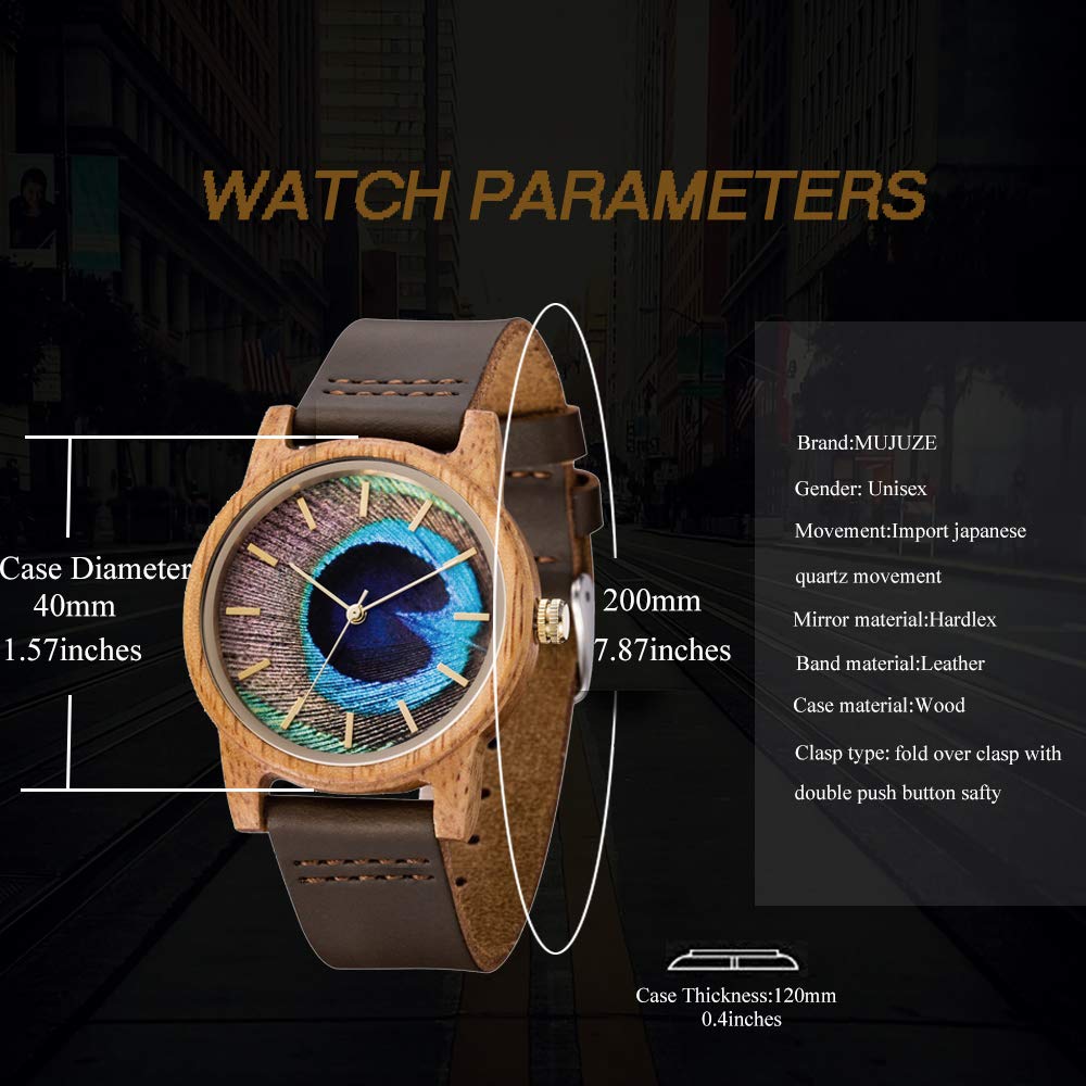 MUJUZE Wooden Watch for Men, Leather Wooden Watch Natural Handmade 40mm Unisex Design Wood Grain Wrist Watches(UW1008Mango) MUJUZE