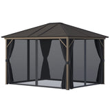 Outsunny 10' x 12' Hardtop Gazebo with Curtains and Netting, Permanent Pavilion Metal Single Roof Gazebo Canopy with Aluminum Frame and Hooks, for Garden, Patio, Backyard, Dark Gray Outsunny