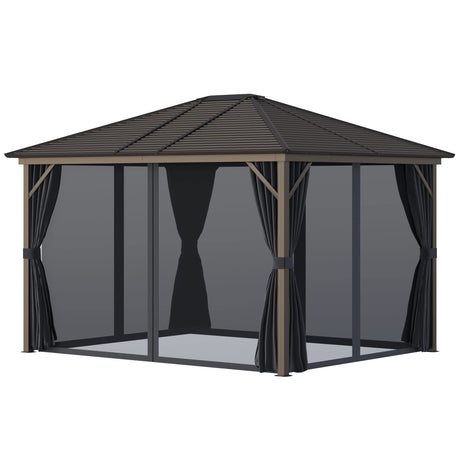 Outsunny 10' x 12' Hardtop Gazebo with Curtains and Netting, Permanent Pavilion Metal Single Roof Gazebo Canopy with Aluminum Frame and Hooks, for Garden, Patio, Backyard, Dark Gray Outsunny