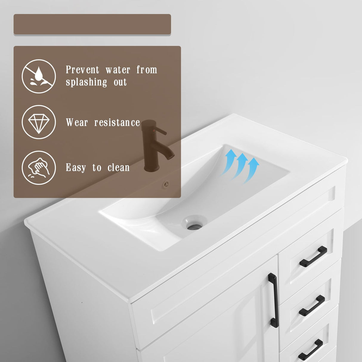 BUPWHEK 30” Luxurious Bathroom Vanity with Ceramic Sink Combo, White Bathroom Cabinet with 1 Soft Closing Door & 3 Full Extension Drawers, Faucet and Pop Up Drain Included BUPWHEK