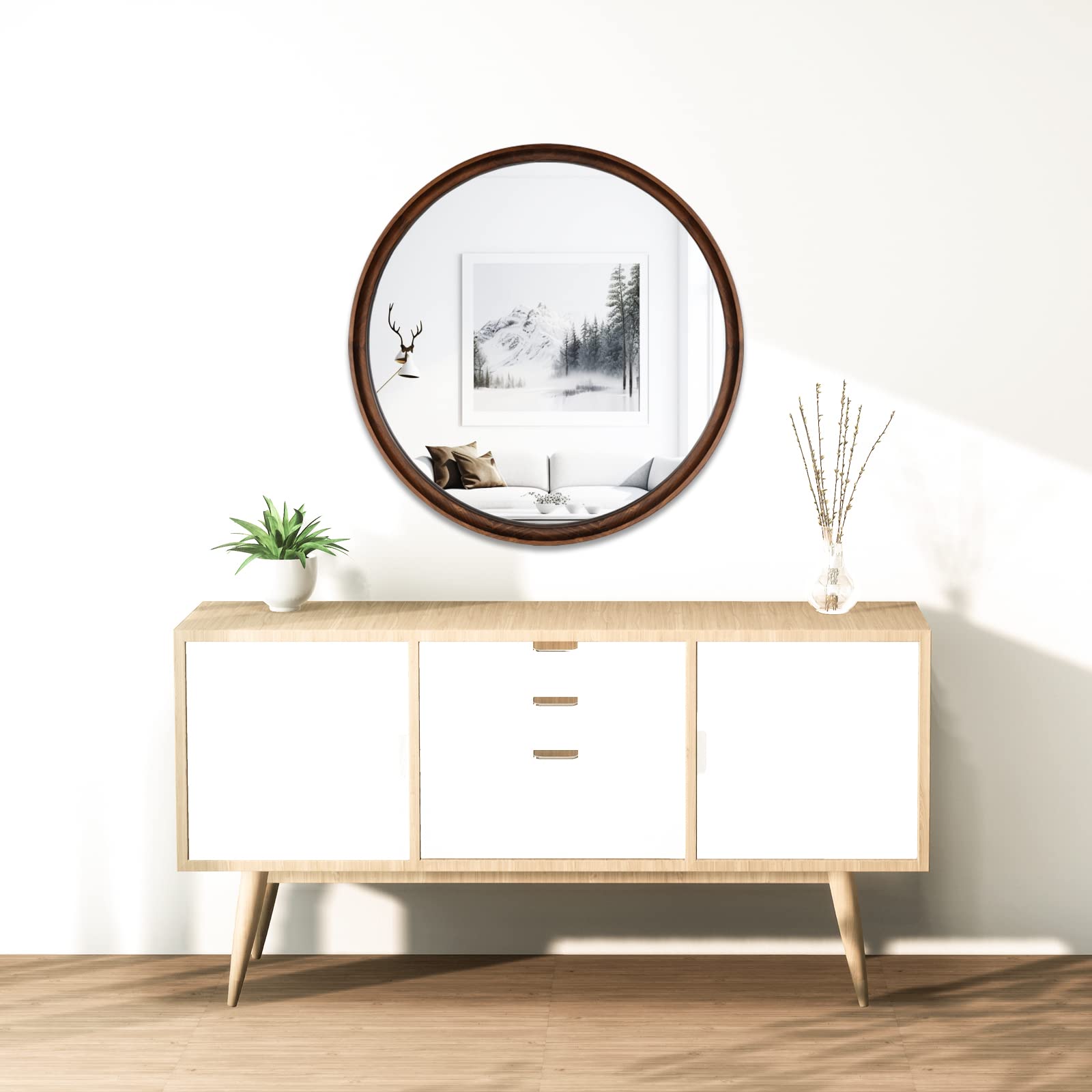 WallBeyond Round Mirror with Solid Real Wood Frame for Wall Decor, 26" Circle Wood Mirror Bathroom Wall Mirror for Living Room, Entryway and Bedroom,Brown - WoodArtSupply