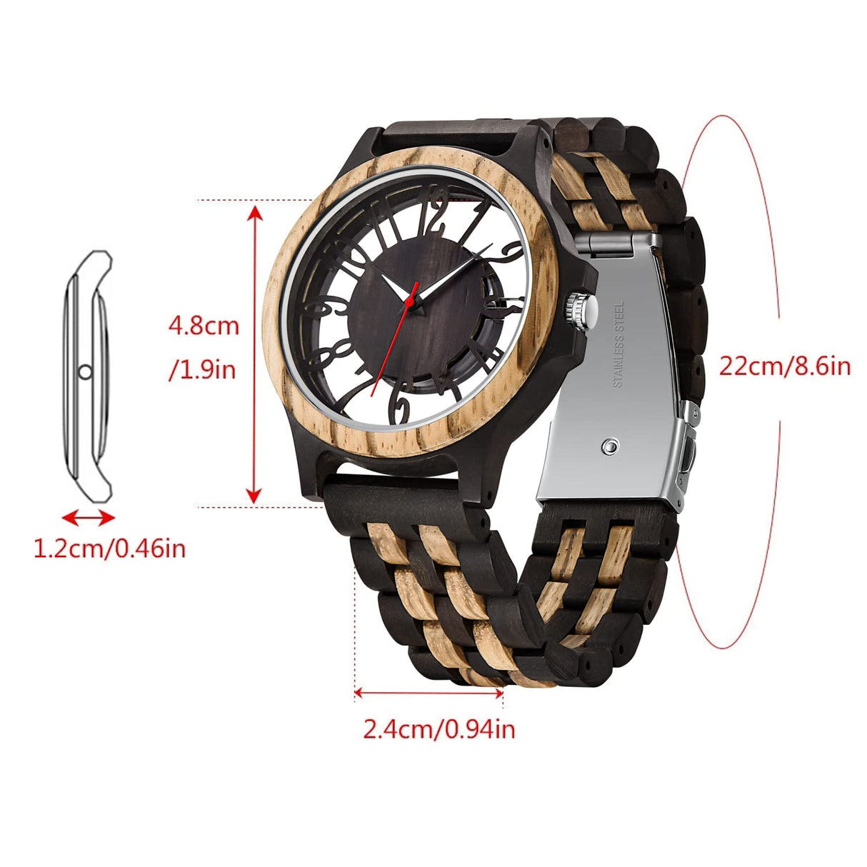 Realpo Men's Transparent Cover Black Dial Wood Watch, Hollow Arabic Digital Dial Quartz Wooden Men's Watch, Natural Wooden Watch Band Men's Watch - Black Realpoo