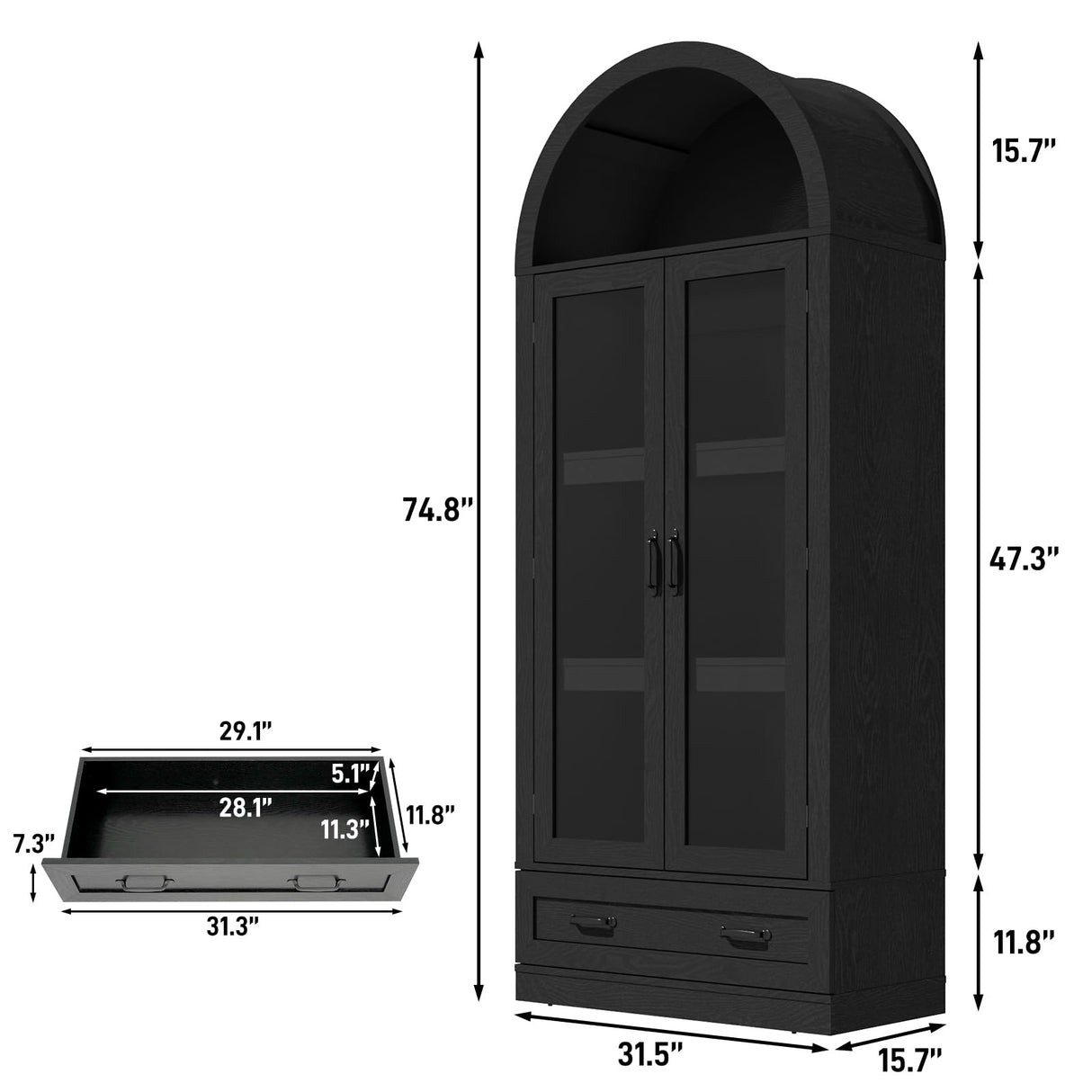 75" Tall Arched Kitchen Pantry Cabinet w Load-Bearing Steel Pipe,Modern Farmhouse Kitchens Storage Cabinet with Drawer and Glass Doors,Tall Arched Bookcase,Pantry Organizer(Woodgrain Black) chartustriable