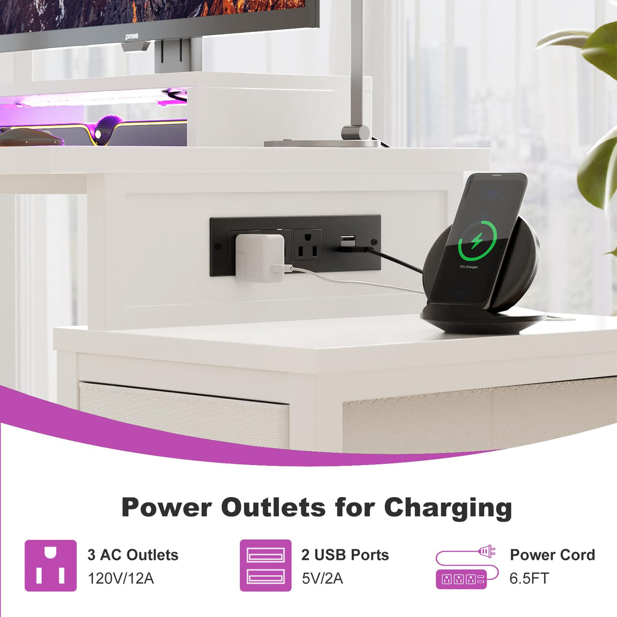 Small Gaming Desk with 2 Fabric Drawers - Reversible Computer Desk with Power Outlet & LED Lights, 49" Office Desk with Monitor Stand & Storage Shelves, Writing Study Table with Pegboard, White Besiost