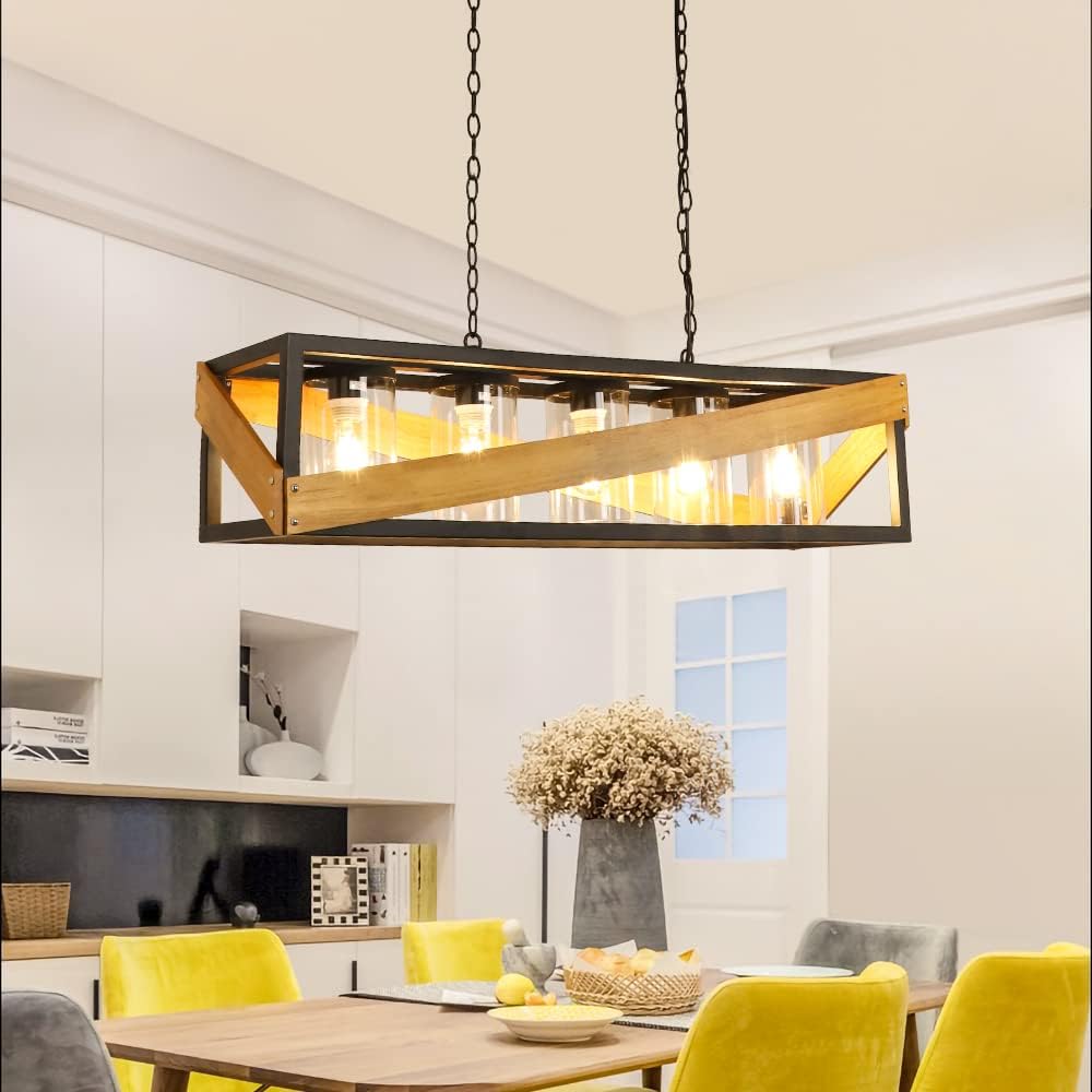 Depuley Farmhouse Kitchen Island Lighting, 39 Inches 5-Light Industrial Metal Linear Chandelier, Rustic Pendant Light Fixture with Wood Frame Hanging for Dining Room, Pool Table, 5* E26 Bulbs - WoodArtSupply