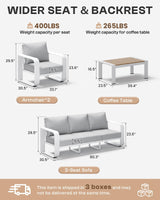 Oasbira Aluminum Outdoor Patio Furniture Set 4 Piece, Oversized Patio Conversation Sets Widened Armrest & Ultra-Thick Cushions, Deep Seating Modern Sectional Furniture for Backyard, Porch, White Oasbira